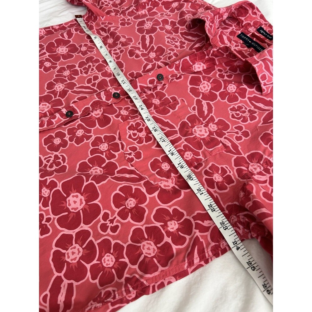 Floral Batik Red Pink Tommy Hilfiger Short Sleeve Button-Up Shirt Mens L - Picture 7 of 10